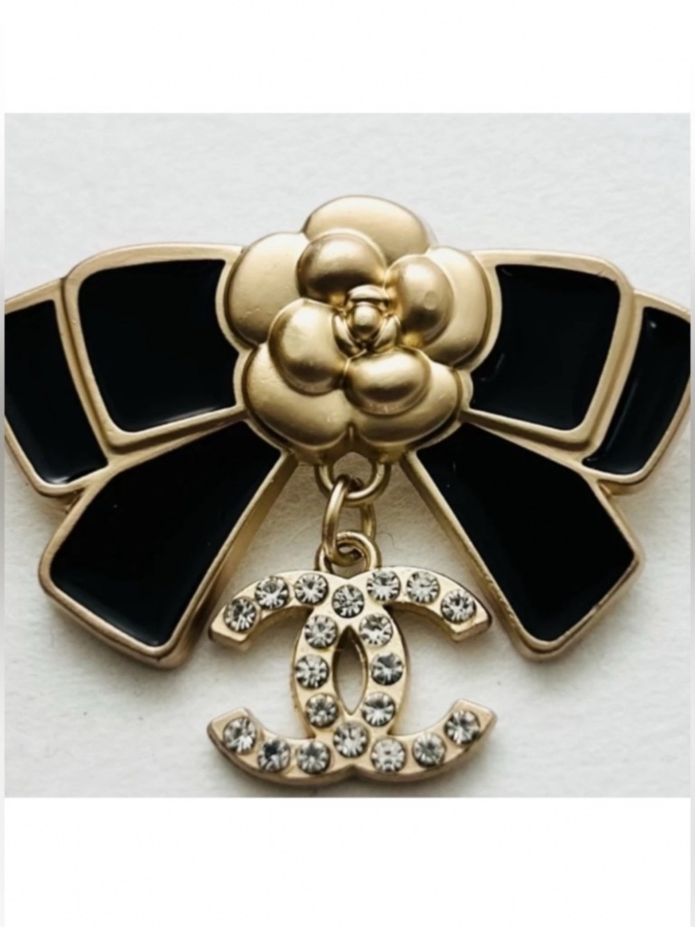 Chanel Camellia Bow Black/ Gold & Diamond Accents Pin Brooch 21C